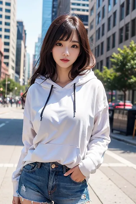 best quality, ultra-detailed, masterpiece, finely detail, highres, 8k wallpaper, Realistic details, clothing details, skin details, photoshop \(medium\),slim body,1girl, 22 years old, beautiful eyes, real skin, fine face, (hair twirling), (gradient hair), long hair, blunt bangs, large breasts,hoodie , shorts, cityscape, <lora:JapaneseDollLikeness_v15:0.3> ,<lora:cuteGirlMix4_v10:0.3>,mix4, <lora:taiwanDollLikeness_v10:0.2>,