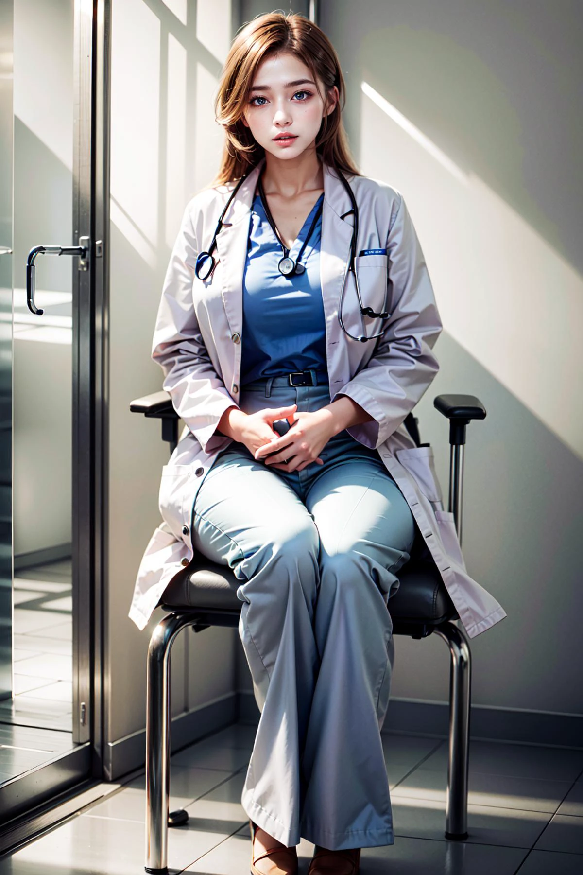 <lora:Doctor Uniform V2:0.78>, (doctor_uniform, labcoat, stethoscope, doctor,scrub top,scrub trousers):1.24,
BREAK 1woman, ((young woman)), adorable, clear face, solo, (((full body))):1.34, ((curvy body, slender, multicolor blonde hairs)):1.2,
BREAK soft light, light on face, cinematic lighting, detailed(shadow),
BREAK <lora:add_detail:0.45>, extremely detailed, CG, finely detailed, (masterpiece, best quality):2.0, ((photorealistic:1.15)),
BREAK <lora:uber_saggy2:0.68>, saggy, sagging_breasts, ((gigantic breasts)), <lora:Front face lighting åé¢ã©ã¤ãã¢ãã v2:0.5>,
((detailed patient examination room, hospital, indoors, medical equipment, a woman sit on a chair)):1.1,
