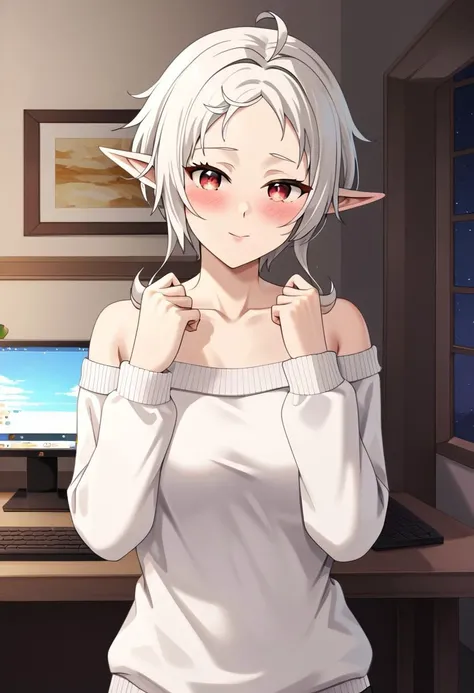 1 girl, breasts, in single focus, looking at the viewer, blush, embarrassment, white sweater, long sleeves, in the bedroom, <lora:spreadass_xl:1>, Fitz, white hair, skinny, red eyes, pointed ears, clear image, (masterpiece:1.2), easy to remove, ng_deepnegative_v1_75t, best quality,<lora:guizhencaoXL-000018:1>, General detail, Expressive, very bad image, negative image in 1.3 format, high resolution, unity wallpaper in 8k format, extremely detailed face, extremely detailed computer graphics (perfect hands, perfect anatomy, perfect eyes, five fingers)