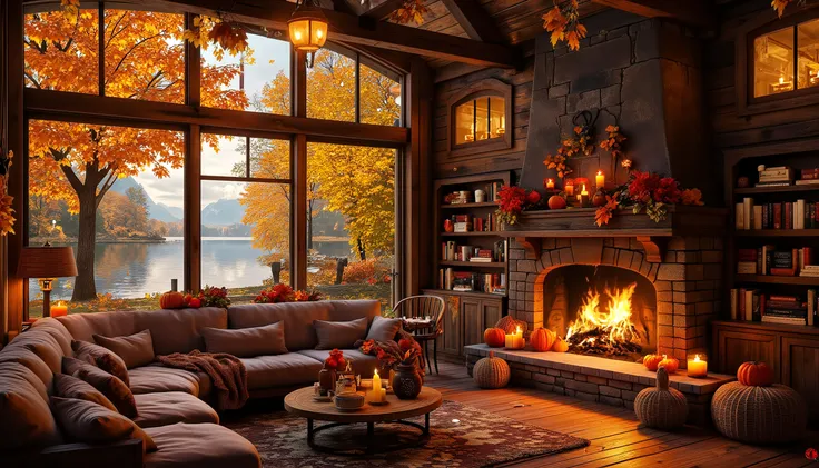 A lakeside autumn retreat enveloped by the brilliant reds, oranges, and yellows of the fall season, with a cozy living room overlooking the calm waters through floor-to-ceiling glass windows. The space is filled with warmth and rustic charm, enhanced by the rich, earthy tones of the wooden walls and furniture. A large stone fireplace dominates one side of the room, its flames flickering gently, casting a golden glow across the scene. Stacked logs beside the hearth speak to the cabin's self-sufficient charm. A plush, oversized couch with deep cushions, draped in thick blankets, is positioned to face the fireplace, inviting you to curl up and escape into the warmth. The soft orange light of autumn reflects off the lake outside, while the trees surrounding the cabin are alight with vibrant fall colors. The room is accented by rustic bookshelves filled with novels, old and new, and a well-loved rug that covers the wooden floor. Outside, the crisp autumn air and rustling leaves invite quiet contemplation or a peaceful stroll along the lakeside. The style is warm and welcoming, with an emphasis on the rich textures of wood, wool, and natural elements that blend seamlessly with the beauty of the outdoors. The overall mood is one of intimate comfort, connection to nature, and serene escape, captured in hyper-realistic detail.