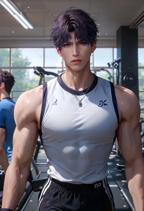score_9,score_8_up,score_7_up,1boy,solo,yaoi,bara,male focus,fairly nsfw,uncersored,highres,best quality,amazing quality,best aesthetic,absurdres,<lora:add-detail-xl:1>,<lora:Rafayel:0.5>,rafayel,bangs,lips,<lora:Expressive_H:1>,Expressiveh,sleeveless shirt,black shorts,necklace,jewelry,gym uniform,sweat,treadmill,