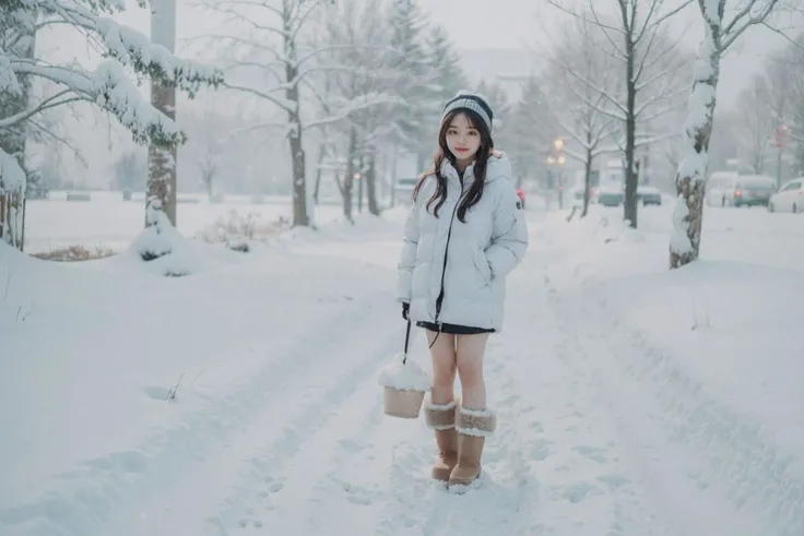 1girl, (korean cute girl:1.2), 22 years old, (film grain:1.2), (bottomless:1.2), snowing, heavy snow, looking at viewer, (ugg boots:1.2)