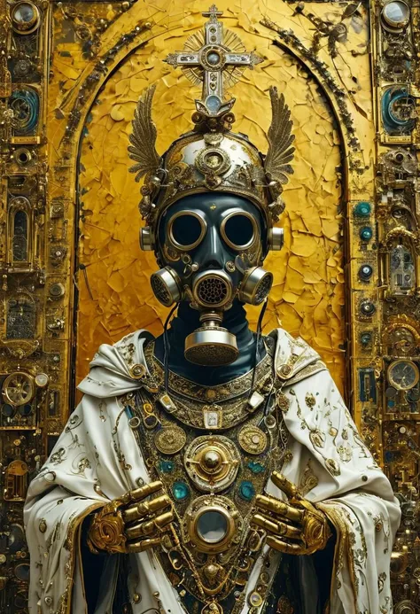 A post-apocalyptic deity portrayal features a saint adorned with a gas mask halo, attired in vestments crafted from fragmented hazmat suits and circuit boards. The saint's hands are raised, seemingly parting a sea of radiating waste in a vivid #7FFF00 hue. The backdrop reveals a once-mighty megachurch, now repurposed as a tech-cult's command center. Adherents with rudimentary cybernetic enhancements prostrate themselves in homage. The visual style blends Byzantine iconography with diesel punk aesthetics, featuring a golden ratio composition, extremely high contrast, and a textured appearance reminiscent of an ancient fresco, complete with cracks and patina. The presentation is on an immense scale, reminiscent of a vintage photograph, and emulates the artistic vision of Boris Mikhailov.