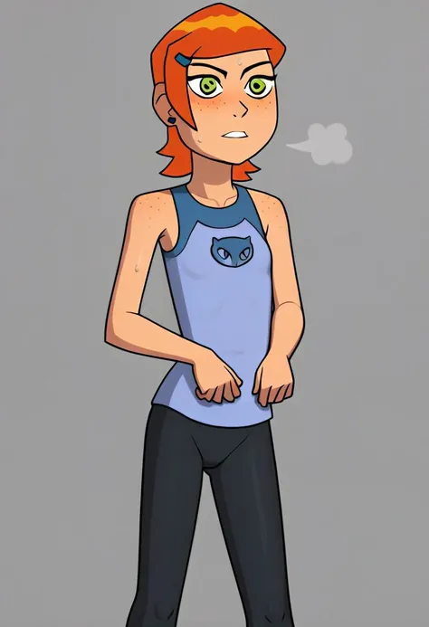 score9, score8up, score7up, score6up, score5up, score4up, in full growth, gwen tennyson ben 10, gwen tennyson, anatomically correct, female, hands, full growth, freckles, squinty eyes, seductive, (perfect hands: 1,2). (highly detailed skin, pale skin, front view, standing, in cat suit, sweaty, wet, visible armpits, meaty armpits, in gym, normal face, on gym, gym background, wet wear, sweaty wear, leggings,