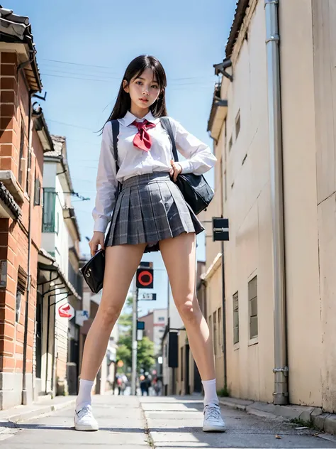 Ray Tracing, realistic, detailed, realistic details, full body, from below,  (1 girl:1.3), 21 year old korean cute girl,(school uniform miniskirt, backpack, panty,cameltoe),(standing in a busy street),(skinny,slender body,skinny legs, long legs,thighgap), (crowd)