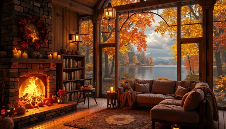 A lakeside autumn retreat enveloped by the brilliant reds, oranges, and yellows of the fall season, with a cozy living room overlooking the calm waters through floor-to-ceiling glass windows. The space is filled with warmth and rustic charm, enhanced by the rich, earthy tones of the wooden walls and furniture. A large stone fireplace dominates one side of the room, its flames flickering gently, casting a golden glow across the scene. Stacked logs beside the hearth speak to the cabin's self-sufficient charm. A plush, oversized couch with deep cushions, draped in thick blankets, is positioned to face the fireplace, inviting you to curl up and escape into the warmth. The soft orange light of autumn reflects off the lake outside, while the trees surrounding the cabin are alight with vibrant fall colors. The room is accented by rustic bookshelves filled with novels, old and new, and a well-loved rug that covers the wooden floor. Outside, the crisp autumn air and rustling leaves invite quiet contemplation or a peaceful stroll along the lakeside. The style is warm and welcoming, with an emphasis on the rich textures of wood, wool, and natural elements that blend seamlessly with the beauty of the outdoors. The overall mood is one of intimate comfort, connection to nature, and serene escape, captured in hyper-realistic detail.