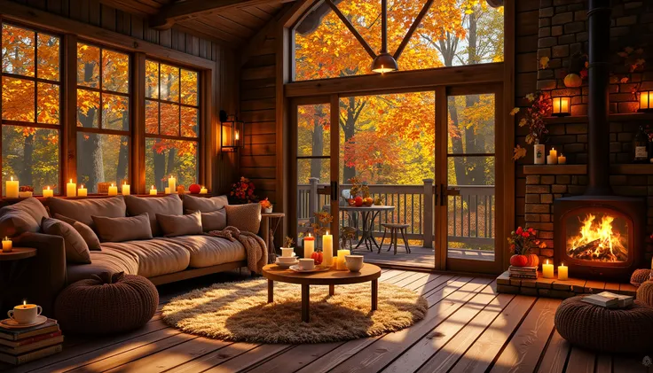 A tranquil, rustic cabin living room surrounded by the vibrant hues of autumn. The space is dominated by a large glass wall, offering an expansive view of the serene forest, where the trees glow with shades of orange, red, and gold. The setting sun casts long shadows across the wooden floor, amplifying the warmth of the scene. Inside, a plush, deep-cushioned couch draped in soft blankets and pillows sits invitingly against the glass, the perfect place to relax. At the center, a thick, cream-colored shag rug spreads in front of a wood-burning stove. The fire crackles softly, its light dancing on the walls, casting a golden hue that fills the room. 2 Candle glow gently on the windowsill, adding to the soft, intimate atmosphere. Stacks of books lie on the floor next to the couch, and a steaming cup of tea rests on the rustic coffee table. The room exudes a calm, serene energy, as if time slows to a gentle pace within this autumn retreat. The interior design is warm and earthy, with rich wooden tones, soft fabrics, and natural elements that create a comforting, inviting atmosphere. The style is hyper-realistic, focusing on the details of light, texture, and color to evoke a sense of warmth, relaxation, and a deep connection to nature.