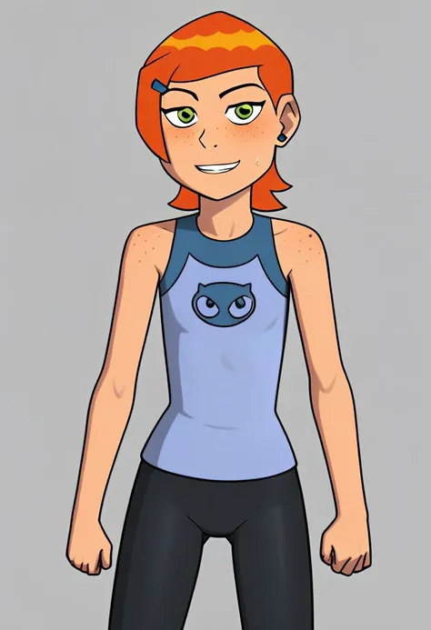 score9, score8up, score7up, score6up, score5up, score4up, in full growth, gwen tennyson ben 10, gwen tennyson, anatomically correct, female, hands, full growth, freckles, squinty eyes, seductive, (perfect hands: 1,2). (highly detailed skin, pale skin, front view, standing, in cat suit, sweaty, wet, visible armpits, meaty armpits, in gym, normal face, on gym, gym background, wet wear, sweaty wear, leggings,