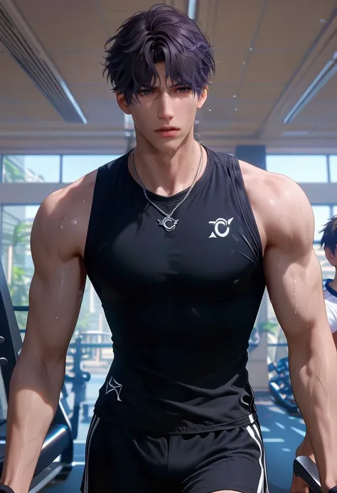 score_9,score_8_up,score_7_up,1boy,solo,yaoi,bara,male focus,fairly nsfw,uncersored,highres,best quality,amazing quality,best aesthetic,absurdres,<lora:add-detail-xl:1>,<lora:Rafayel:0.5>,rafayel,bangs,lips,<lora:Expressive_H:1>,Expressiveh,sleeveless shirt,black shorts,necklace,jewelry,gym uniform,sweat,treadmill,