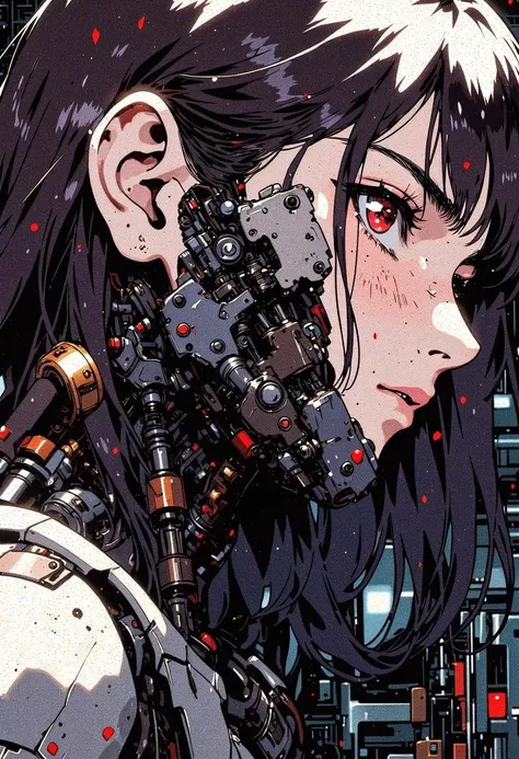 cyber girl with pale,cracked skin gazes sideways,her fragile form encased in a cyborg exoskeleton. Hydraulic mandibles frame her mechanical mouth. Intricate dieselpunk engines and hydraulics surround her in a harsh,gothic environment. Dark red eyes reflect deep sadness. Medium black and white hair tucked behind her ear