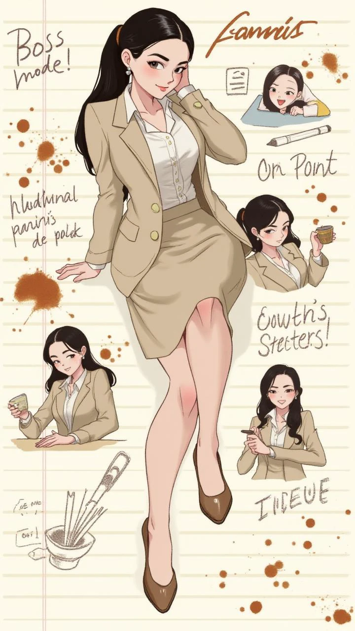 A mature, refined woman with long, sleek black hair tied in a low ponytail, wearing a sharp beige blazer and pencil skirt. The center of the collage shows her seated at a desk with a confident smirk ð. Around her, smaller notebook-style sketches show her holding a coffee cup â, glancing over her shoulder, and looking surprised ð¯. The color palette is neutral: taupe, cream, and coffee brown, with accents of soft gold. Doodles of pens âï¸, books ð, and coffee stains adorn the page. Handwritten texts like 'Boss Mode,' 'On Point,' and 'Oops!' are scribbled in neat cursive. The background has faint notebook lines with coffee splatters and ink marks. <lora:torikun_flux_joycaption:1> art by torikun