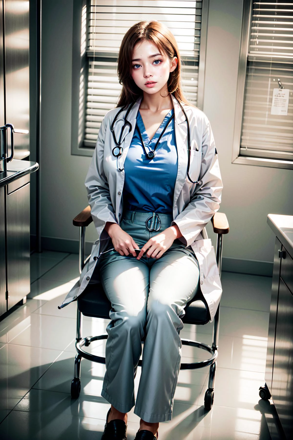 <lora:Doctor Uniform V2:0.78>, (doctor_uniform, labcoat, stethoscope, doctor,scrub top,scrub trousers):1.24,
BREAK 1woman, ((young woman)), adorable, clear face, solo, (((full body))):1.34, ((curvy body, slender, multicolor blonde hairs)):1.2,
BREAK soft light, light on face, cinematic lighting, detailed(shadow),
BREAK <lora:add_detail:0.45>, extremely detailed, CG, finely detailed, (masterpiece, best quality):2.0, ((photorealistic:1.15)),
BREAK <lora:uber_saggy2:0.68>, saggy, sagging_breasts, ((gigantic breasts)), <lora:Front face lighting åé¢ã©ã¤ãã¢ãã v2:0.5>,
((detailed patient examination room, hospital, indoors, medical equipment, a woman sit on a chair)):1.1,