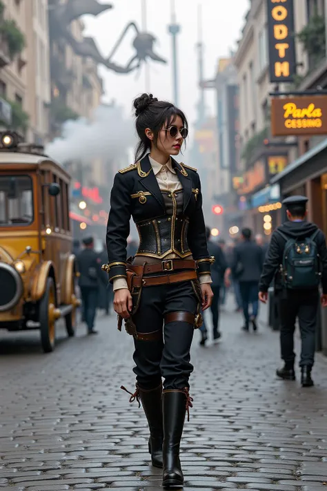 photo of a beautiful woman,
(Donning a tailored corseted jacket adorned with brass gears and leather accents, paired with high-waisted trousers and sturdy boots, accessorized with goggles and a leather utility belt),
(Venturing through a fantastical steampunk cityscape, with steam-powered contraptions chugging along cobbled streets and towering clockwork sculptures looming overhead, where every corner brims with Victorian-era aesthetics and futuristic innovation: 1.3),