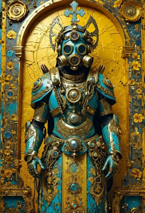 A post-apocalyptic deity portrayal features a saint adorned with a gas mask halo, attired in vestments crafted from fragmented hazmat suits and circuit boards. The saint's hands are raised, seemingly parting a sea of radiating waste in a vivid #7FFF00 hue. The backdrop reveals a once-mighty megachurch, now repurposed as a tech-cult's command center. Adherents with rudimentary cybernetic enhancements prostrate themselves in homage. The visual style blends Byzantine iconography with diesel punk aesthetics, featuring a golden ratio composition, extremely high contrast, and a textured appearance reminiscent of an ancient fresco, complete with cracks and patina. The presentation is on an immense scale, reminiscent of a vintage photograph, and emulates the artistic vision of Boris Mikhailov.