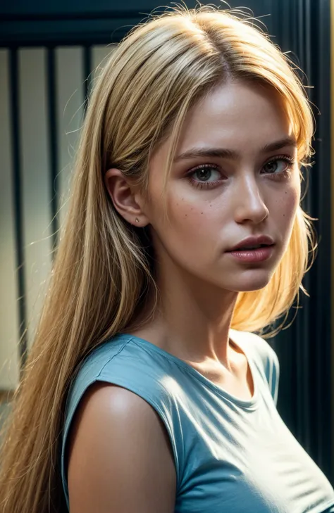 half body portrait of 27 year old white ((dutch girl)), ((light blue t-shirt)), blond hair, (brown eyes:1.15), window behind her in the background, (realistic:1.2), finely detailed, quality, (masterpiece:1.2), (photorealistic:1.2), (best quality), (detailed skin:1.3), focused, (intricate details), dramatic, ray tracing, photograph, shadows, Masterpiece, Despressing, Metalcore, (film grain), Sony A7, 35mm, Flickr
