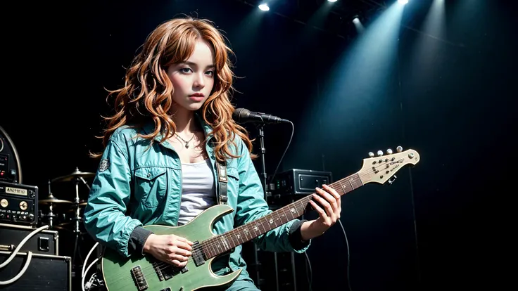 (young woman), (rock singer guitarrist), 1980's, 80's, ((curly:1.2) Ivory hair permanent), live concert, posters, (playing electric guitar), portrait, standing, extremely detailed, Pastel Green rock leather clothes, Indigo Blue jacket, Sage Green shorts, colorful, synthwave, retrowave, sharp focus, (pretty, happy, feminine, sexy:0.8), <lora:Detail Tweaker LoRA add_detail:0.5> <lora:depth_of_field_slider_v1:5> <lora:SDXLrender_v2.0:0.9> <lora:solaratype:0.3> solaratype1452