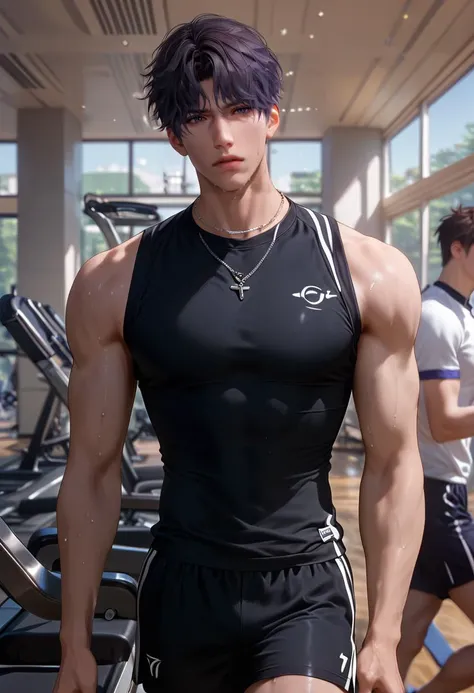 score_9,score_8_up,score_7_up,1boy,solo,yaoi,bara,male focus,fairly nsfw,uncersored,highres,best quality,amazing quality,best aesthetic,absurdres,<lora:add-detail-xl:1>,<lora:Rafayel:0.5>,rafayel,bangs,lips,<lora:Expressive_H:1>,Expressiveh,sleeveless shirt,black shorts,necklace,jewelry,gym uniform,sweat,treadmill,