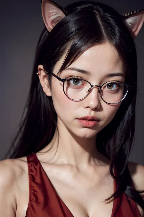 (highest quality, masterpiece), 1 girl, dappled sunlight, indoors, Black-rimmed glasses, shy, 1 girl, young girl, (I get goosebumps:0.7), beautiful face, (eyeliner, lipstick:0.9), 4K, 8K, UHD, HDR, detailed background, background