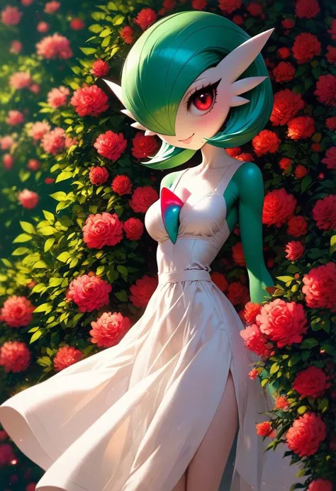 score_9, score_8_up, score_7_up, intricate details.
1 female, solo, (anthro pokemon Gallade, slender figure, medium breasts, thin waist, white sheer split thigh sundress), smiling.
standing in a open field with flowers.
Pokemon scheme.
sunny day in an open field.