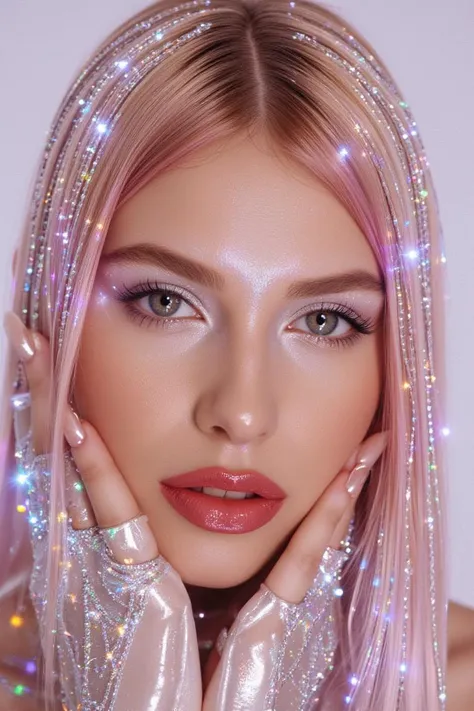 This is a highly stylized, high-definition photograph of a woman with a striking, avant-garde aesthetic. The subject has a fair complexion and long, straight hair that has been dyed a gradient of pink to auburn, with the tips a metallic, almost platinum color. Her hair is slicked back, and strands are adorned with sparkling, iridescent strands that refract light, creating a mesmerizing, almost ethereal effect.