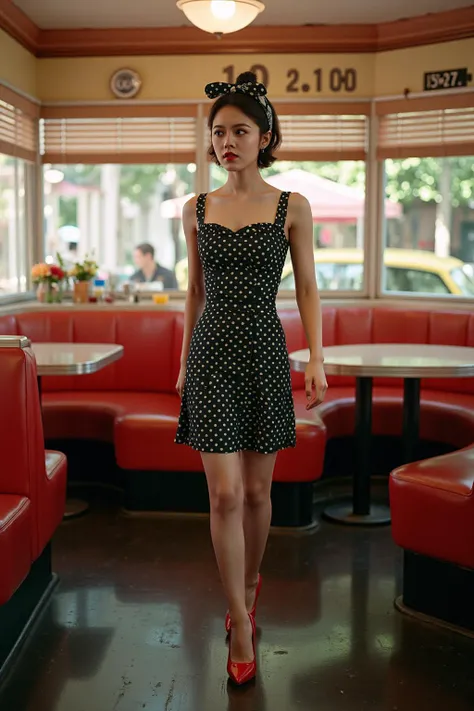 portrait of a beautiful woman,
(Rocking a figure-hugging retro dress with polka dot prints and a sweetheart neckline, paired with classic red pumps and a playful hair scarf),
(Strutting through a nostalgic 1950s diner, with jukebox tunes filling the air and the aroma of sizzling burgers wafting from the kitchen, where every booth tells a story of retro charm and timeless allure: 1.3),
(seductive:1.3),(analog, cinematic, film grain, hazy atmosphere, cinematic shot:1.3),