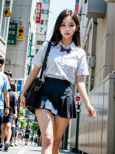 Ray Tracing, realistic, detailed, realistic details, full body, from below,  (1 girl:1.3), 21 year old korean cute girl,(school uniform miniskirt, backpack),(walking in a busy seoul street),(skinny,slender body,skinny legs,thighgap), (crowd)