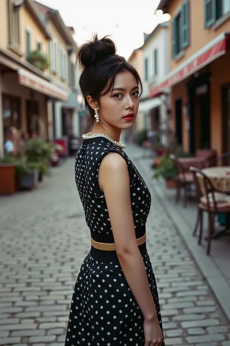 portrait of a beautiful woman,
(Clad in a retro polka-dot dress with a cinched waist and pearl accessories, complemented by a classic updo),
(Amidst a quaint town square, with cobblestone streets lined with charming boutiques and antique shops, where time seems to stand still:1.3),
(seductive:1.3),(analog, cinematic, film grain, hazy atmosphere, cinematic shot:1.3),