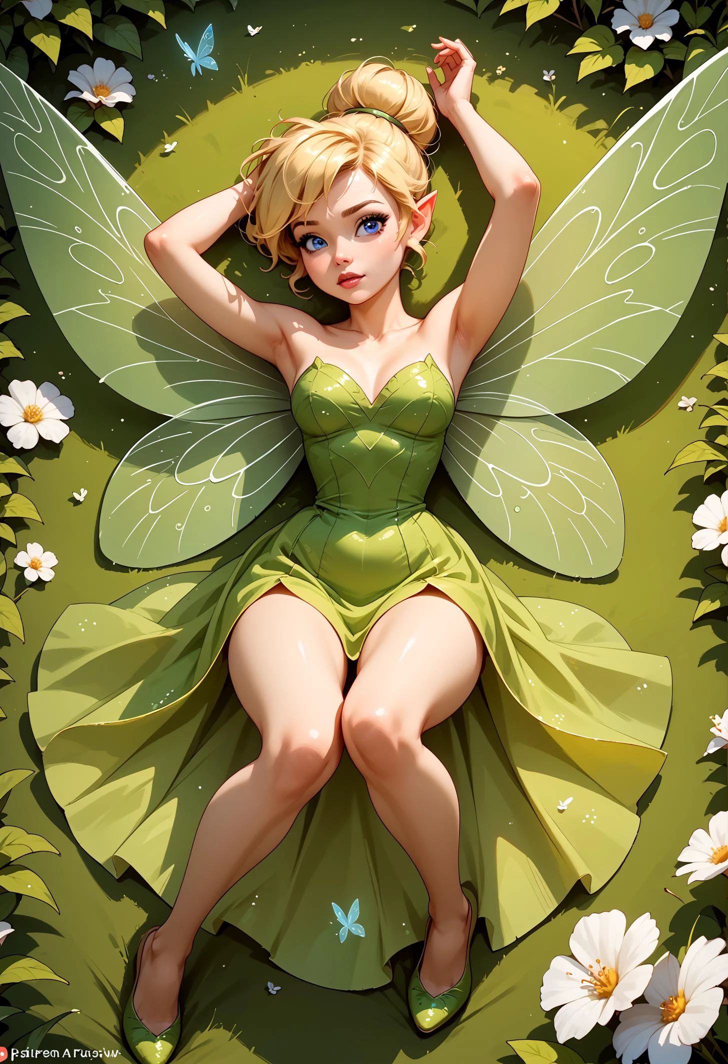 score_9, score_8_up, score_7_up, tinkerbell fairy, sexy <lora:tinkerbellPonyXL_character:0.6> TinkerWaifu, fairy wings, blue eyes, see through silk green dress, sexy, blonde hair bun, beautiful, glamour pose, on back, legs spread,skirt lift, flying, knees apart, hourglass figure, glade, fantasy, blossom, front view
