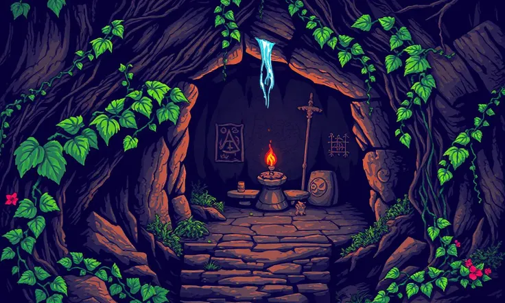 Glitchcore Art Style, retro game art pixel-art. In a medieval setting.
A small, hidden cave in the forest, its entrance partially obscured by thick vines and brambles. Inside, the walls are damp, and the air is cool and musty. Ancient carvings and faded symbols can be seen on the walls, and the faint sound of dripping water echoes through the narrow tunnels.
dynamic, dramatic, (vibrant:1.2), (vibrant colors:1.3), medieval fantasy game art, nostalgic, charming, glitchcore art style