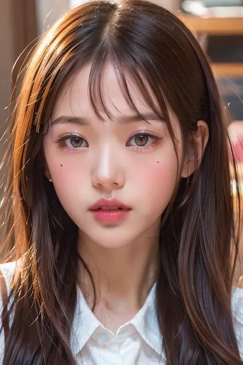 best quality, ultra high res, (photorealistic:1.4), 1 girl, looking at viewer, lustrous skin, glowing eyes, oval face, messy_hair, blunt bangs, ombre, blush, makeup, untied, unkempt, Pursed_lips, lips, ulzzang-6500-v2.2
