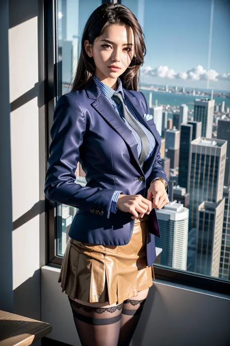 1girl, (european:1.3), 31 years old, businesswoman's suit, (Jacket:1.1), (Shirt:1.1), (skirt:1.1),Accessories,Jewelry,Briefcase,Tights,Stockings,goosebumps,goose-flesh, (realistic:1.3), finely detailed, quality, (masterpiece:1.2), (photorealistic:1.2), (best quality), (detailed skin:1.3), (intricate details), dramatic, ray tracing, photograph, Wind surfboard, Bathed in shadows, Visual novel, boss office in Skyscraper, window with view on the city, film grain, Kodak gold 200, Depth of field 100mm, Flickr