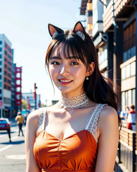 a woman posing on the street corner with orange dress on, best quality, high res, 8k, 1girl, (huge breasts), day, bright, outdoor, (street:0.8), (people, crowds:1), (lace-trimmed dress:1.5, orange clothes:1.5, orange high-neck dress:1.5, sleeveless dress, orange dress: 1.5), gorgeous, ponytail, animal ears, beautiful detailed sky, beautiful earrings, (dynamic pose:0.8), (upper body:1.2), soft lighting, wind, shiny skin, looking at viewer, smile,(open mouth), <lora:TokuGirl_Runa_T_v1.1:0.65>