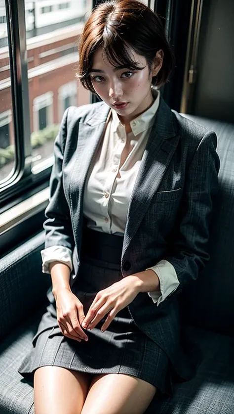 (Best quality, 8k, 32k, Masterpiece, UHD:1.2),(Photo of Pretty Japanese woman:1.1), <lora:LowRA:0.1>,short hair,medium breasts, grey suit,midi skirt,white dress shirt,in the train,sitting seat,from above