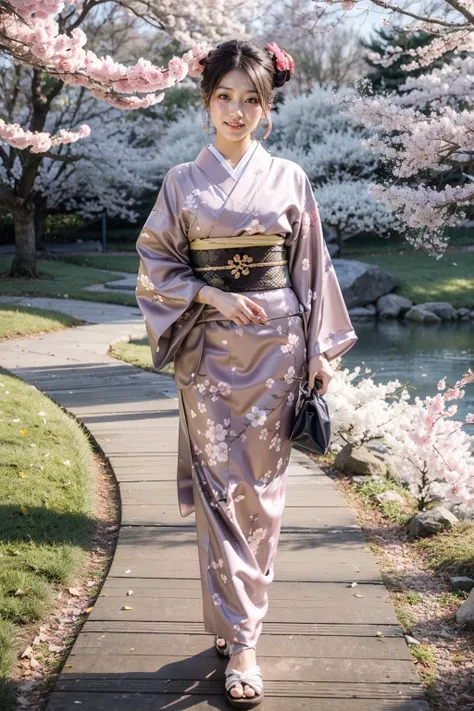 (realistic:1.3), finely detailed, quality, rembrandt lighting, (masterpiece:1.2), (photorealistic:1.2), (best quality), (detailed skin:1.3), (intricate details), dramatic, ray tracing, 1girl, japanese girl, smiling, updo hair, 21 years old, medium breasts, (colorful kimono:1.2),(japanese clothes:1.2),(floral print),(long sleeves), (cherry blossom trees, river, spring, Sun, Clouds, strolling, nature, forest), <lora:new_hefu_:0.5>