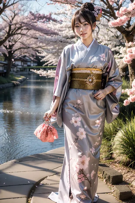 (realistic:1.3), finely detailed, quality, rembrandt lighting, (masterpiece:1.2), (photorealistic:1.2), (best quality), (detailed skin:1.3), (intricate details), dramatic, ray tracing, 1girl, japanese girl, smiling, updo hair, 21 years old, medium breasts, (colorful kimono:1.2),(japanese clothes:1.2),(floral print),(long sleeves), (cherry blossom trees, river, spring, Sun, Clouds, strolling, nature, forest), <lora:new_hefu_:0.5>