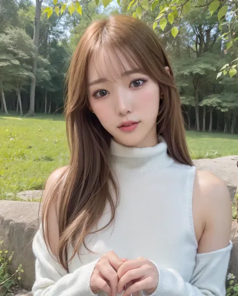 pureerosface_v1, best quality, photorealistic, 8k, high res, full color, 1girl, woman, 20 years old woman, (closed mouth:1.2), (skindentation), (portrait:0.6), trees, park bench, daylight, ((park background:1.52)), full color, ((necksweater:1.68)), straight-looking at viewer:1.8, (1girl eyes looking at viewer:1.55), (shoulder-length hair, blondhair, partedbangs:1.45), (bokeh), <lora:AAV-konan:0.7>
