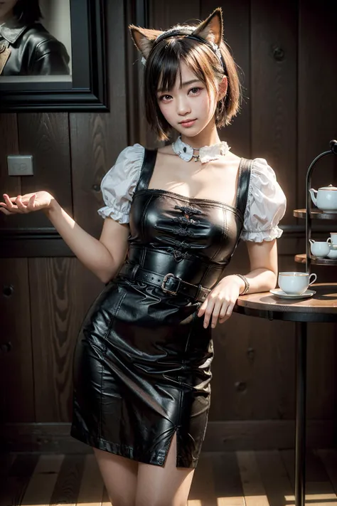 (realistic:1.3), finely detailed, quality, rembrandt lighting, (masterpiece:1.2), (photorealistic:1.2), (best quality), (detailed skin:1.3), (intricate details), dramatic, ray tracing, 1girl, japanese girl, smiling, short hair, bangs hair, 21 years old, medium breasts, catgirlmaid, (indoors, cute feminine cafe, tea set, cowboy shot, three quarters pose), <lora:CatgirlMaidV1.0:0.8>