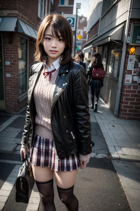 (realistic:1.3), finely detailed, quality, rembrandt lighting, (masterpiece:1.2), (photorealistic:1.2), (best quality), (detailed skin:1.3), (intricate details), dramatic, ray tracing, 1girl, japanese girl, smiling, short hair, bangs hair, 21 years old, (small breasts:1.2), shirt, ribbon, school uniform, jacket, white shirt, open clothes, socks, open jacket, black jacket, plaid, kneehighs, plaid skirt, blazer, cardigan, black socks, pink cardigan, sobu high school uniform, BREAK outdoors, city, looking at viewer, <lora:irohaisshikitest:1>
