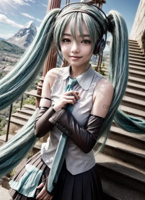 <lora:hatsunemiku1:1.0>, mikunt, upper body, smile, blush, outdoors, day, simple background, blue sky, sky, temple, looking at viewer, stairs, mountain, moody lighting, tie, facing viewer, <lora:add_detail:1>