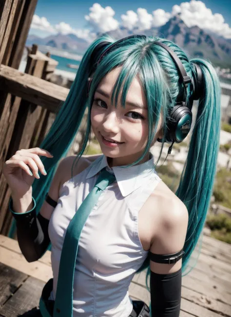 <lora:hatsunemiku1:1.0>, vocaloid3, upper body, smile, blush, outdoors, day, simple background, blue sky, sky, temple, looking at viewer, stairs, mountain, moody lighting, facing viewer, detailed face, cute, beautiful
