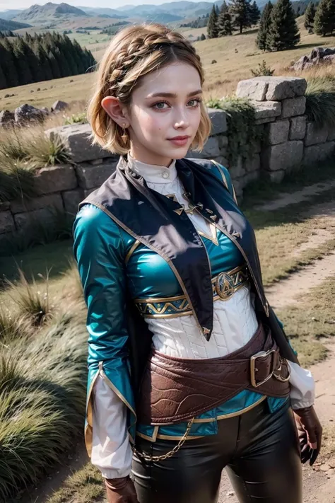 (realistic:1.3), finely detailed, quality, rembrandt lighting, (masterpiece:1.2), (photorealistic:1.2), (best quality), (detailed skin:1.3), (intricate details), dramatic, ray tracing, 1girl, 21 years old, detailed skin texture, (blush:0.5), (goosebumps:0.5), subsurface scattering, smiling, medium breasts, aazelda, short hair, crown braid, hairclip, (pointy ears:1.2), brown cape, blue shirt, puffy sleeves, long sleeves, fingerless gloves, black gloves, black pants, tight pants, cowboy shot, (bright sunny day, wide open grassy plain, gentle hills far away, castle far away, sky), <lora:zelda_1:0.8>