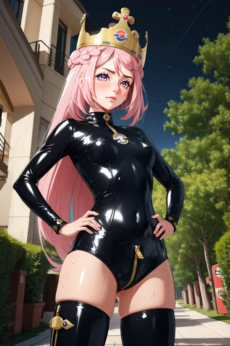 (masterpiece, best quality), intricate details,
1girl, <lora:iono_pokemon:0.8> iono pokemon, long hair, pink eyes, small breasts,
<lora:attire_crotchzipper-10:0.8> crotch zipper, leather pants, black leather clothes, outdoors, night,
hands on hips, sweating, boob sweat, blushing, <lora:attire_burgerkingcrown-17:0.8> bkcrown, crown