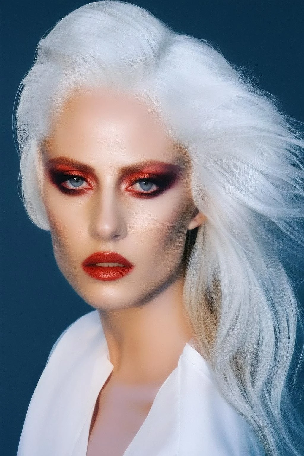 A medium body of beautiful young woman (deryaulug01), platinum yellow hair, regular eyebrows, natural thin lips, Geisha makeup, perfect teeth, (white shirt, bare shoulders), earing, jewelery, neck, chin, ultra realistic, Photorealistic, Hyperrealistic, Hyperdetailed, analog style, subsurface scattering, realistic, masterpiece, Ultra-High Quality, 12K, Deep Learning AI Enhancement, HDR, Quantum Dot Technology, 16-bit Color, Digital Medium Format, Advanced Lens Optics, ProRes RAW, Computational Photography, High Frame Rate, LUTs, Cinema-Quality Stabilization, (from below:.8), wide angle, (from side:0.2), by lyrics,<lora:DeryaUlug01-000010:.99>, white Flash burst, white Light explosion, white simple background, white Blinding flash