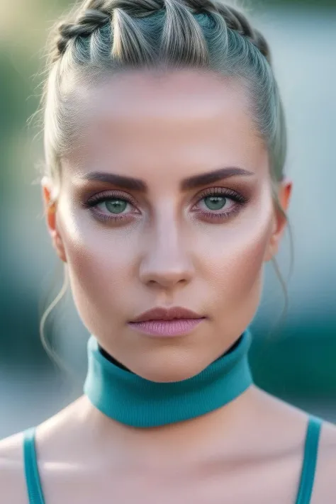 a ((full body)) of woman deryaulug01 with waist, with closed formal t-shirt with closed collar, green outfit, bare shoulders, round collar, platinum white hair, very short hair with High Crown ((Braid)), <lora:DeryaUlug01-000010:1>, <lora:add_detail:1>, Foundation, Concealer, Primer, BB Cream, CC Cream, Setting Powder, Blurring Stick, Tinted Moisturizer, Color Correctors, from side, detailed skin texture, (blush:0.5), (goosebumps:0.5), subsurface scattering, Photorealistic, Hyperrealistic, Hyperdetailed, analog style, detailed skin, matte skin, soft lighting, subsurface scattering, realistic, heavy shadow, masterpiece, best quality, ultra realistic, 8k, golden ratio, Intricate, High Detail, film photography, soft focus, RAW candid cinema, 16mm, color graded portra 400 film, remarkable color, ultra realistic, textured skin, remarkable detailed pupils, realistic dull skin noise, visible skin detail, skin fuzz, dry skin, shot with cinematic camera, cyberpunk vibrant modern vivid background