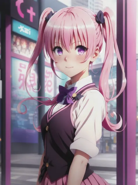 girl, city   of the future,masterpiece, best quality, beautiful lighting, <lora:nanaToLoveRuTolove_nanaV1:0.7> blush, twintails, open mouth, @ @, nana asta deviluke, pink hair, bow, purple eyes, nose blush, long hair, wavy mouth, looking at viewer, hair between eyes, embarrassed, school uniform, bowtie, by Greg Rutkowski