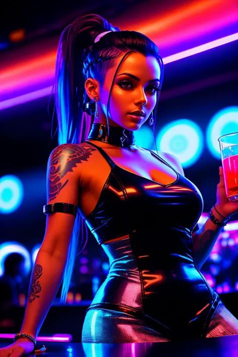 A photo of a cyberpunk female standing at the bar of a futuristic nightclub, holding a glowing drink in her hand. Her hair is slicked back into a sleek and futuristic ponytail, with glowing accents. She wears a form-fitting cyberpunk ensemble that catches the vibrant lights of the club. The club's environment features holographic displays, cascading waterfalls of light, and a pulsating dance floor. The camera focuses on her upper body, capturing her relaxed and alluring presence amidst the club's dynamic ambiance.
<lora:CyberPunk4:0.4>