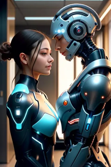 A photo of a compassionate android with a human face, exuding warmth and empathy. They have cybernetic enhancements on one side of their body, seamlessly blending with their human features. The setting is a futuristic hospital, with advanced medical equipment and robotic assistants. Soft, soothing lighting creates a serene and healing atmosphere. The camera is positioned at a low angle, capturing the android's gentle and caring expression as they interact with a patient, showcasing the merging of technology and humanity in the realm of healthcare.
<lora:CyberPunk4:0.5>