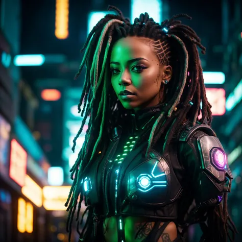 A close up photo of a female with dreadlocks with glowing neon streaks. She wears a futuristic bodysuit with angular patterns and glowing LED accents, along with high-tech gloves and boots. Leaning against a futuristic hovercar in a dimly lit alley, the contrasting light and shadows add depth to the composition, showcasing the cyberpunk aesthetic. Epic character composition, sharp focus, and natural lighting. The subsurface scattering effect adds a touch of an ethereal glow, while the f2 aperture and 35mm lens create a perfect balance of depth and detail. <lora:CyberPunkV2:0.7> 7cy6er7p0nk9