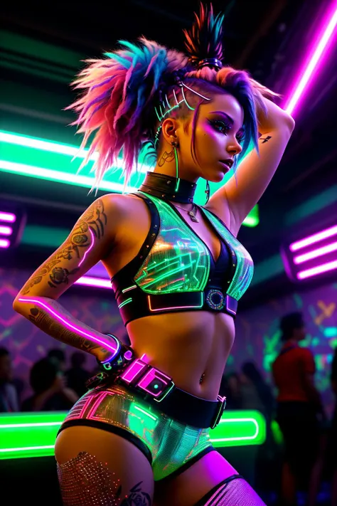 A photo of a cyberpunk female at a neon-lit nightclub, dancing energetically amidst a crowd of revelers. Her hair is styled in a vibrant, spiky updo with neon-colored streaks. She wears a futuristic outfit that glows under the club's pulsating lights, complete with holographic accessories. The nightclub's atmosphere is filled with vibrant laser lights, fog machines, and holographic projections. The camera captures her mid-dance move, exuding confidence and excitement.
<lora:CyberPunk4:0.4>
