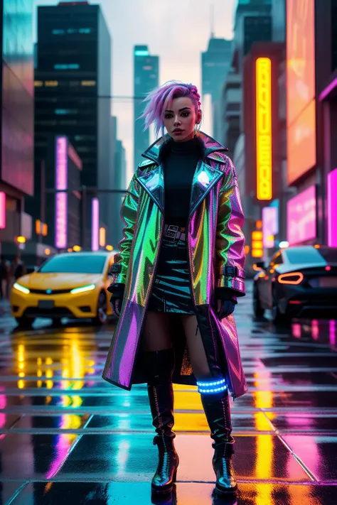 A photo of a cyberpunk female standing confidently on a city street at night. Her hair is styled in a voluminous, asymmetrical bob with vibrant neon streaks. She wears a futuristic trench coat adorned with glowing LED accents, reflecting the city's neon lights. The streets are lined with holographic advertisements and futuristic vehicles zooming by. Soft rain falls, casting a shimmering glow on the wet pavement. The camera captures her strong and determined expression as she embraces the cyberpunk cityscape.
<lora:CyberPunk4:0.5>